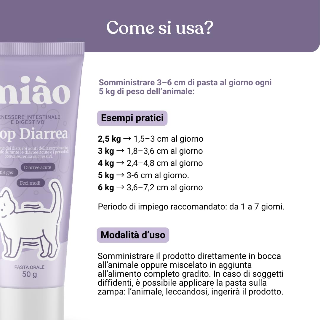 Miào Stop Diarrea Gatto Pasta – Supporto Intestinale per Diarrea Acuta, Feci più Solide, Reintegro Elettroliti e Liquidi, Pancia Gonfia, Facile Somministrazione