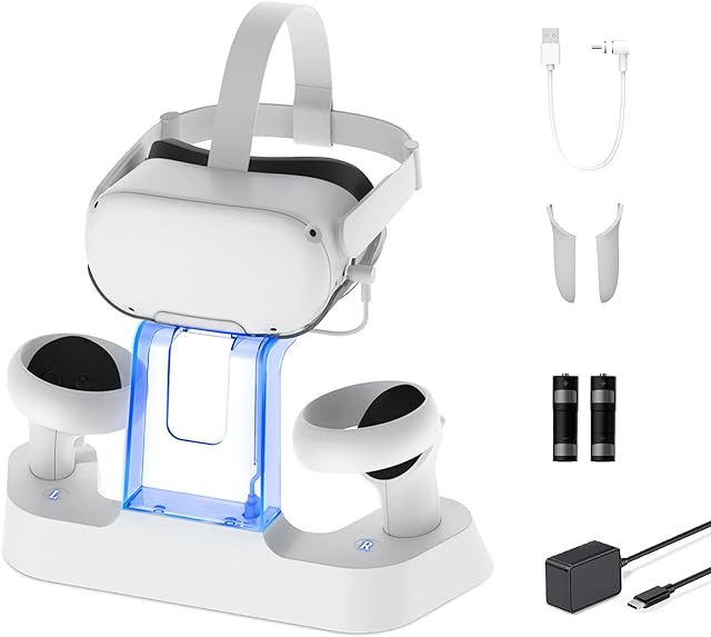 NexiGo Enhanced Charging Dock with LED Light for Oculus Quest 2, [Support Elite Strap], Headset Display Stand and Controller Mount, 2 Rechargeable Batteries, Magnetic Cable
