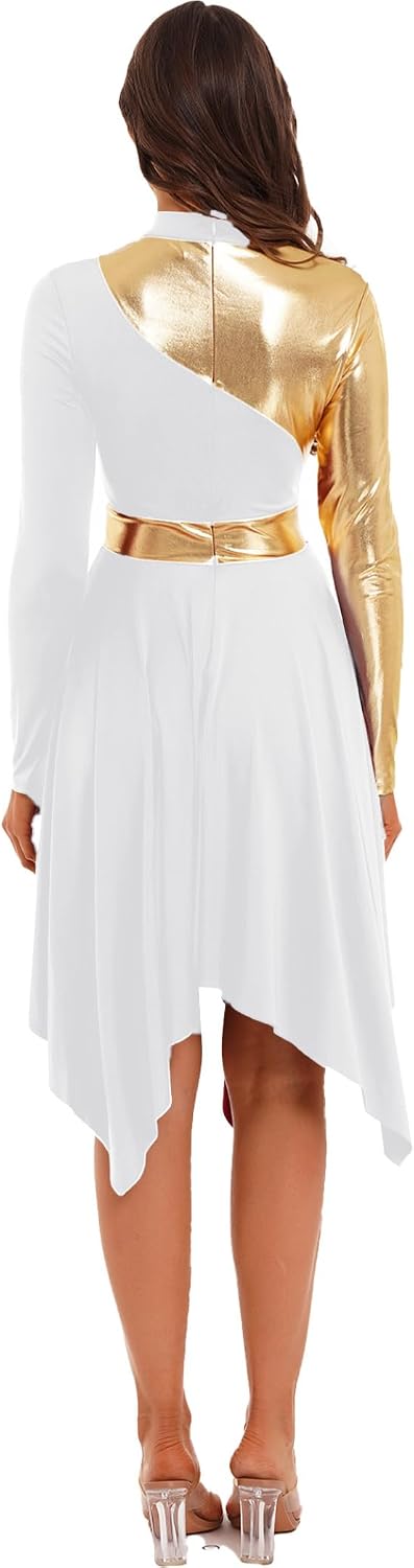 Womens Metallic Long Sleeve Praise Dance Dress Asymmetrical Hem Liturgical Lyrical Worship Costume