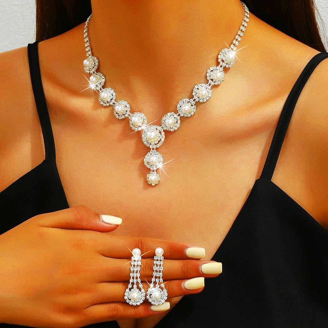 Aukmla Silver Pearl Bridal Wedding Jewelry Set Sparkly Rhinestone Bride Necklace Earrings Sets Prom Jewelry for Women - Image 5