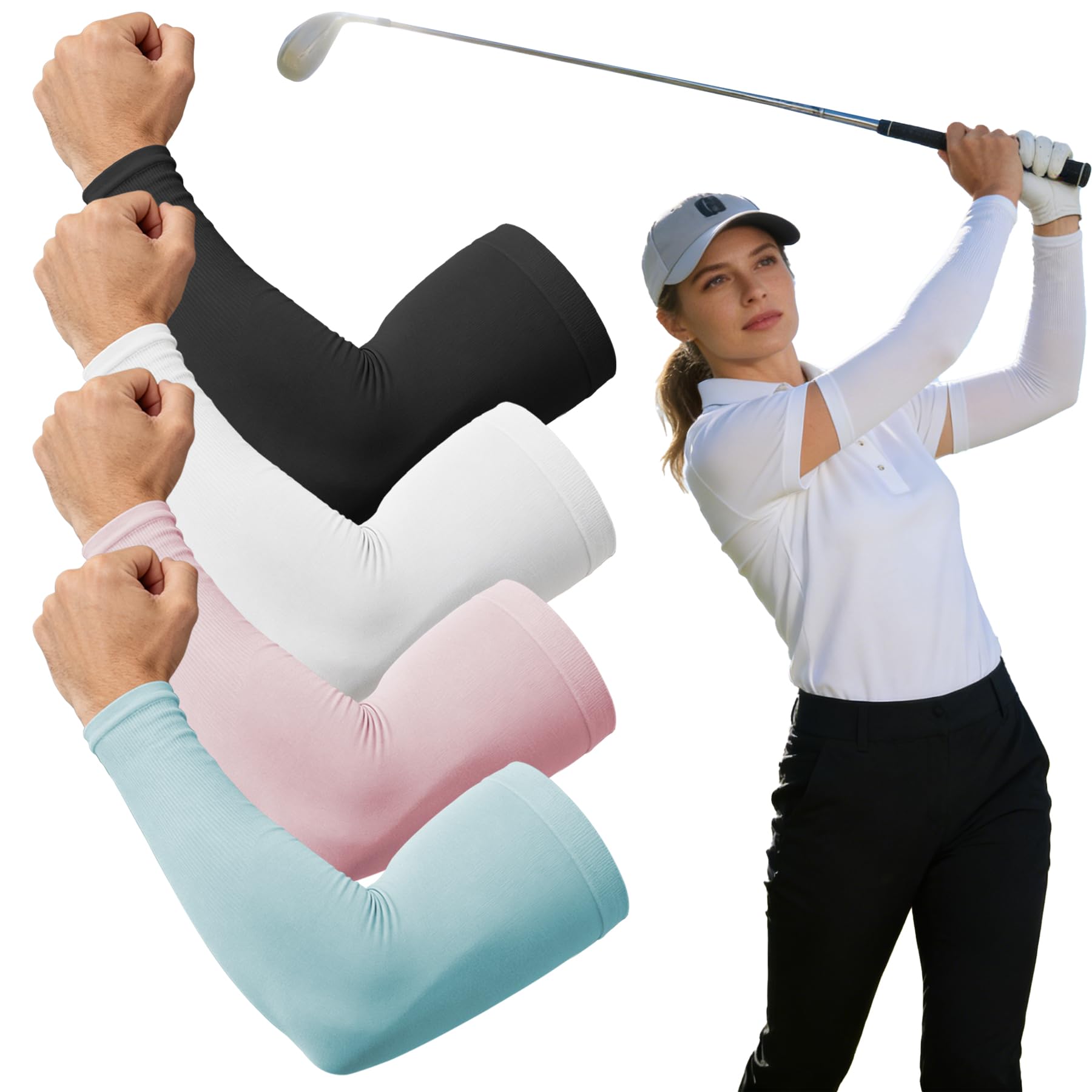 Seanselo Unisex Black+White+Pink+Blue 4 Pairs Uv Sun Protection Compression Arm Sleeves - Tattoo Cover Up - Cooling Athletic Sports Sleeve For Football, Golf & Volleyball (Black+White+Pink+Blue)