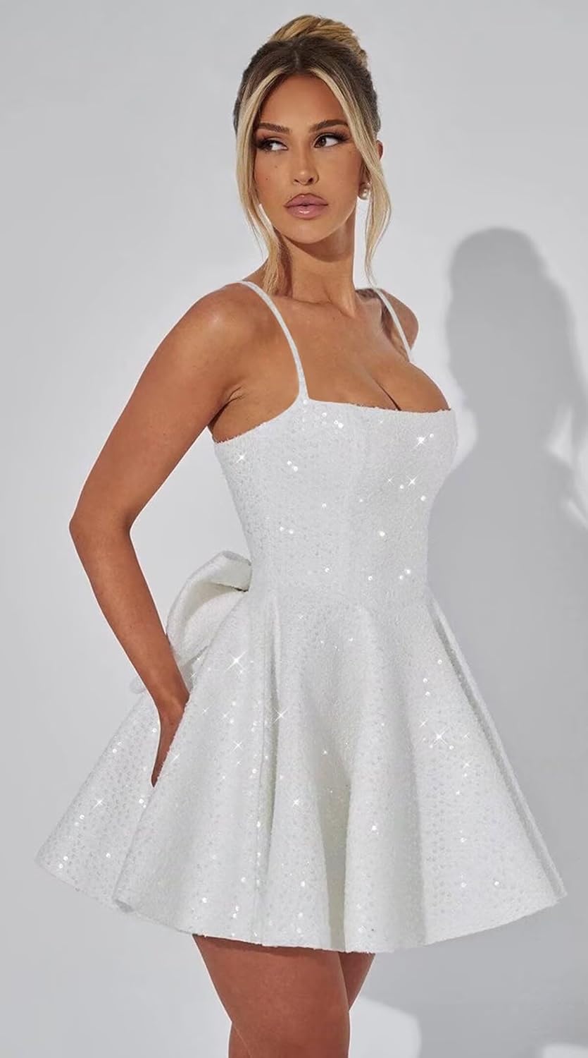 Short Prom HOCO Dress with Bow Square Neck Spaghetti Straps Homecoming Cocktail Mini Party Ball Gown Pockets Sequin D3