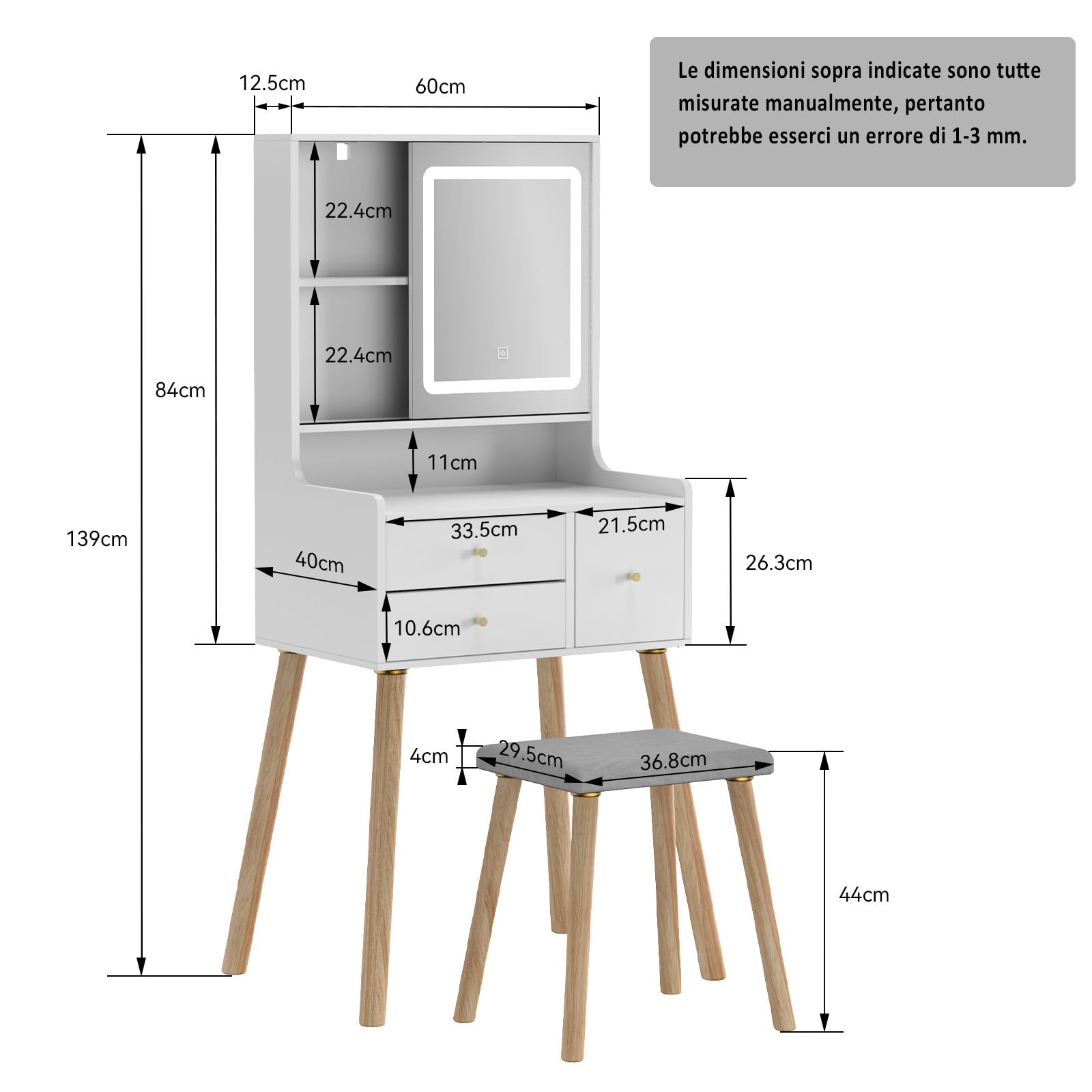 YU YUSING Toeletta Trucco con Luci LED e Specchio 3 Colori, Tavolo da Trucco con Sgabello, 3 Cassetti e 5 Ripiani, Postazione 60cm Vanity Desk for Makeup, Camera da Letto Soggiorno, Moderno, Bianco