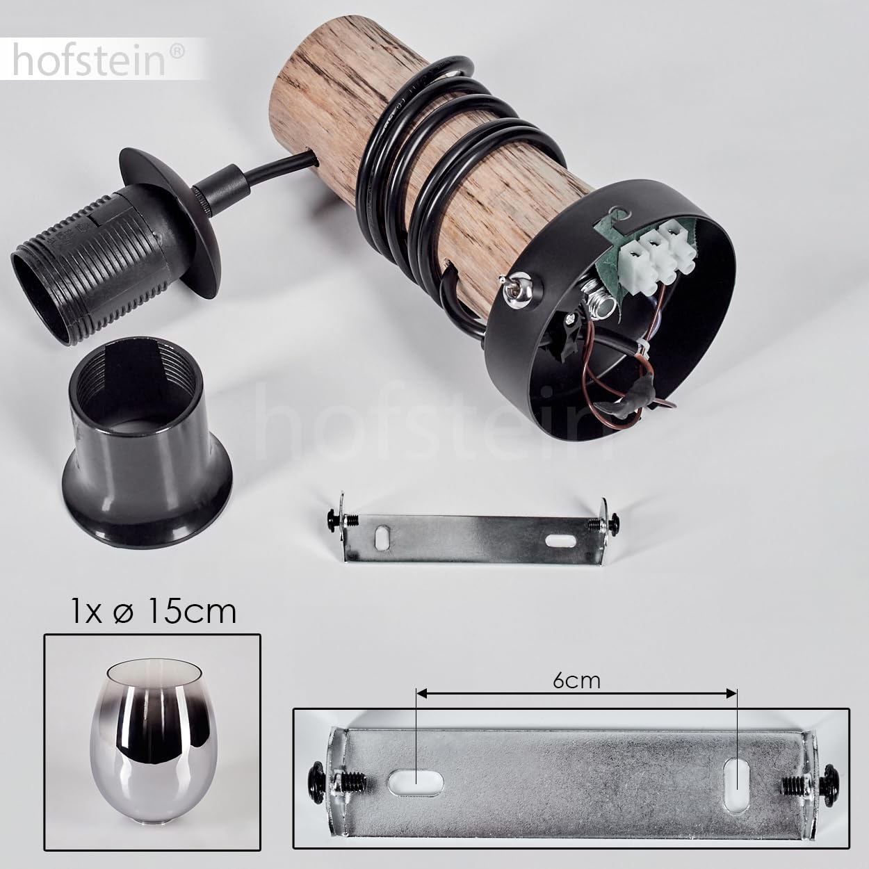 Wandleuchte Vevino, Wandlampe aus Metall/Holz/Glas in Schwarz/Natur/Chrom/Rauch/Klar, Leuchte im Retro/Vintage-Design, Schirm aus Glas (Ø 15cm) u. An/-Auschalter am Gehäuse, 1x E27, ohne Leuchtmittel