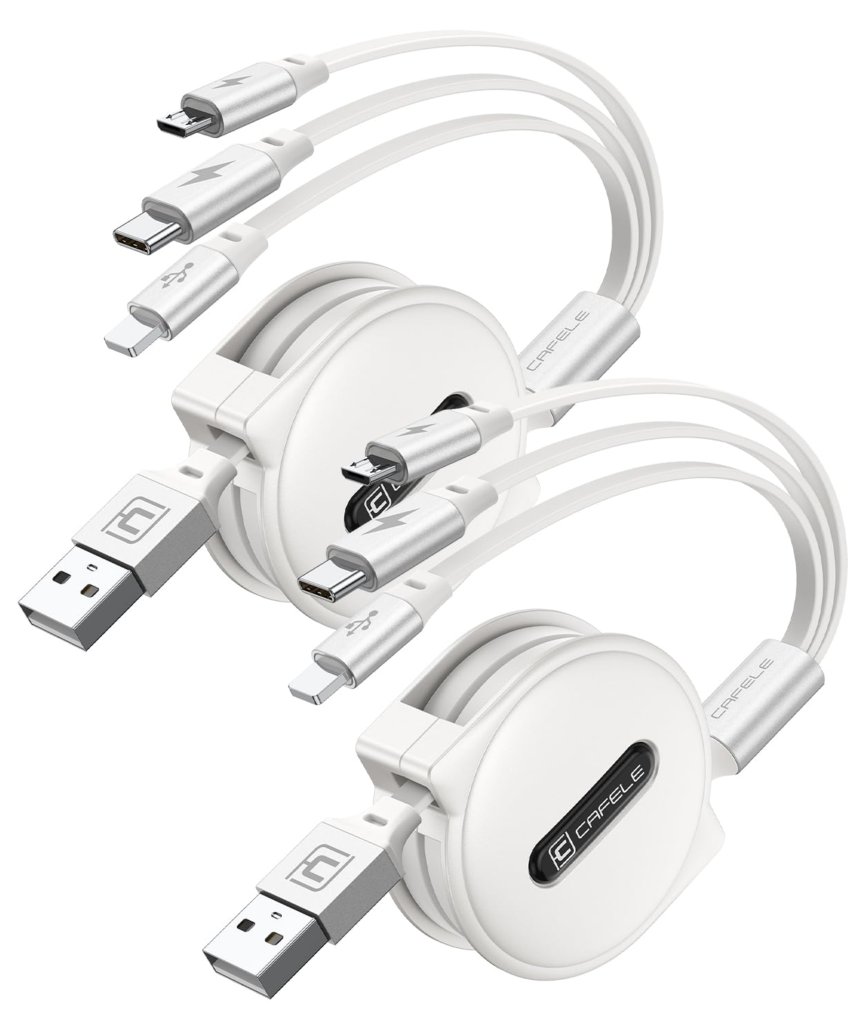 【2本セット巻き取り式充電ケーブル 新登場】3in1 充電ケーブル 巻き取り 3in1 充電コード 3台同時給電可能3A充電最大15W 伸縮式 絡み防止 3種類端子対応 1.2m 高速データ転送（i0s対応のみ）正規充電器対応 (ホワイト)