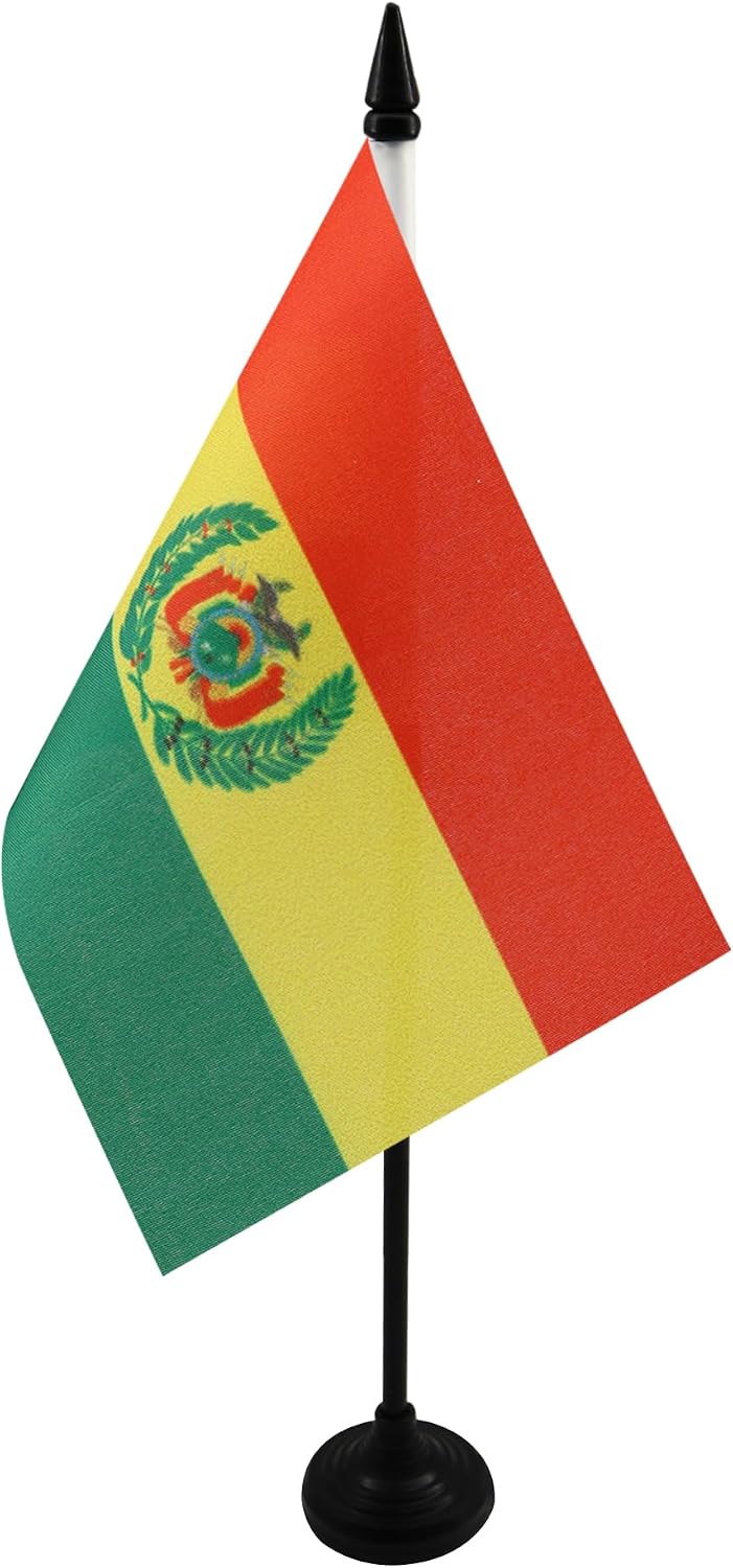 AZ FLAG Set of 10 Bolivia Table Flags – 15 x 10 cm – 10 Mini Bolivian Office Flags 100% Polyester with 25 cm Pole and Black Plastic Base