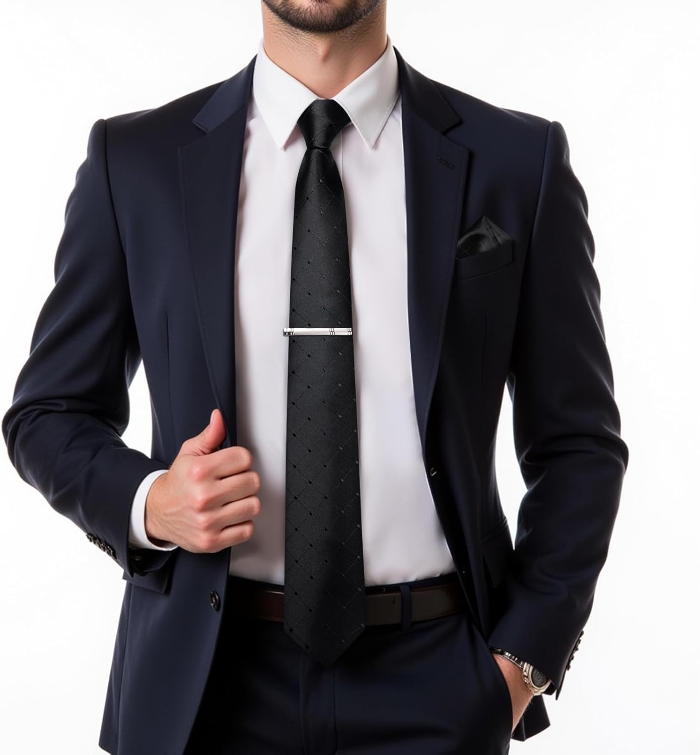 DiBanGu Silk Ties for Men Formal Plaid Check Necktie and Pocket Square Cufflinks Tie Clip Set Wedding Necktie with Gift Box - Image 2