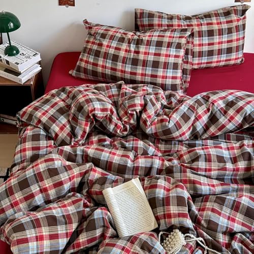 Image of EAVD Vintage Red Brown Buffalo Plaid Duvet Cover Full 100% Wasehd Cotton Plaid Bedding Set with Grid Checkered Pattern Farmhouse Gingham Duvet Cover with Zipper Closure 2 Pillowcases for All-Season