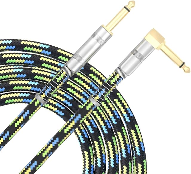 XIMIZU Guitar Cable,Gold Plated 1/4" Right Angle to Straight Instrument Lead Cable Bass Amp Cord for Electric Guitar Bass Keyboard (Green 5FT 02#)