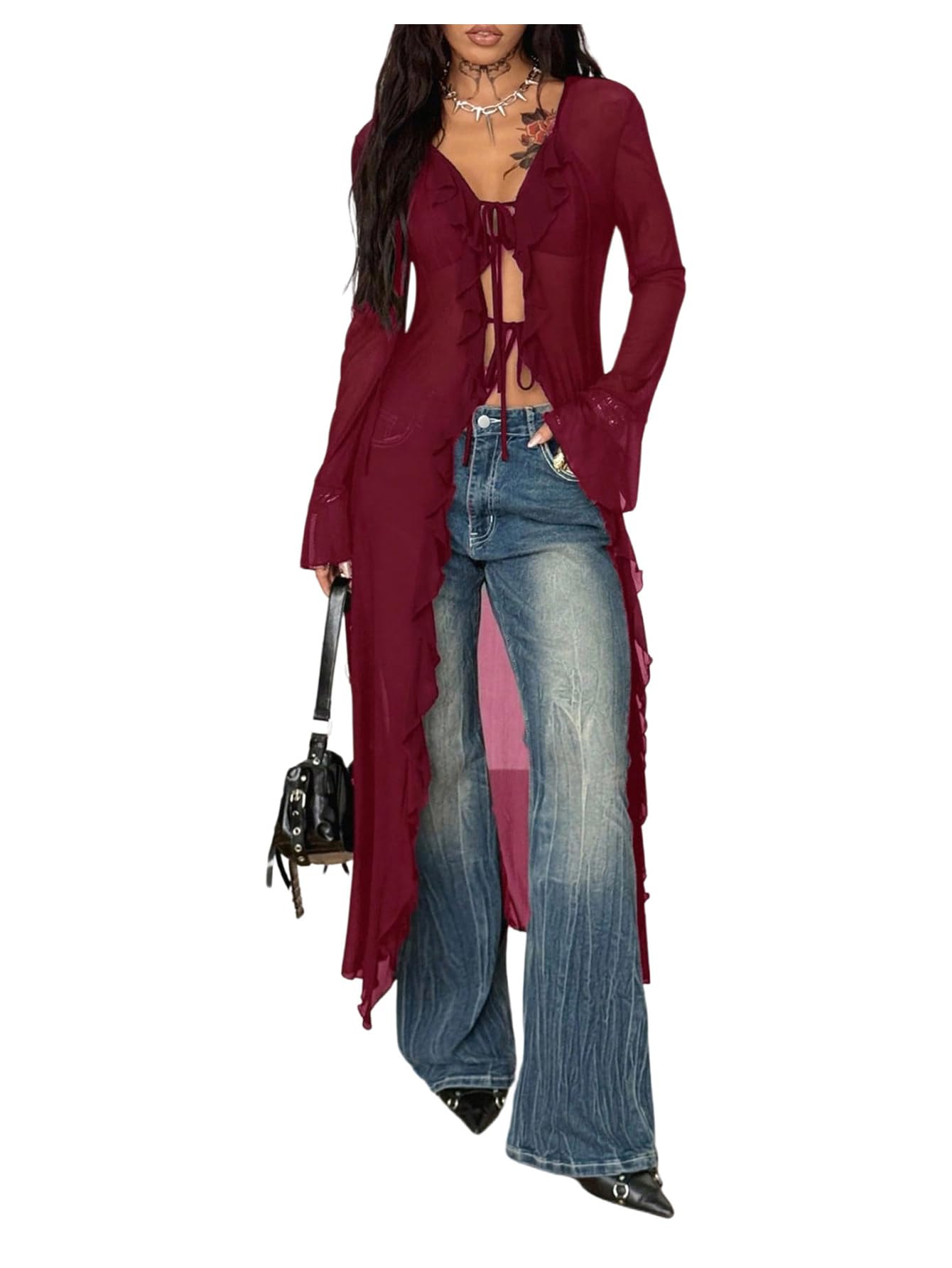 GORGLITTER Womens Tie Front Sheer Mesh Cardigan Y2K Ruffle Bell Sleeve Goth Tops See Through Lightweight Shirts Burgundy