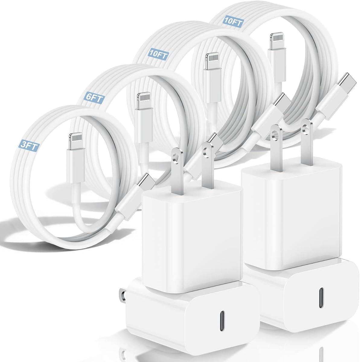 4Pack iPhone Charger Fast Charging 10FT x2+6FT+3FT,A pple Charger with Long USB C to Lightning Cable for iPhone 14/13/12/11 Pro Max,20W USB C Charger Block and Chargeur iPhone Fast Charging Cord-White