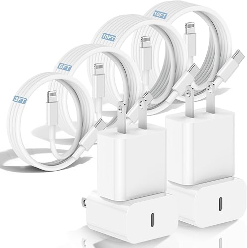 4Pack iPhone Charger Fast Charging 10FT x2+6FT+3FT,A pple Charger with Long USB C to Lightning Cable for iPhone 14/13/12/11 Pro Max,20W USB C Charger Block and Chargeur iPhone Fast Charging Cord-White - White - 3FT+6FT+10FT+10FT