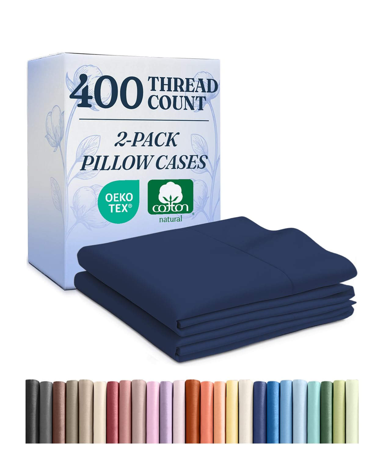100% cotton pillow cases king size - cooling, breathable and soft pillowcase covers set of 2 - 400 thread count cotton - wrinkle free - machine washable protectors - luxury hotel bedding - navy blue