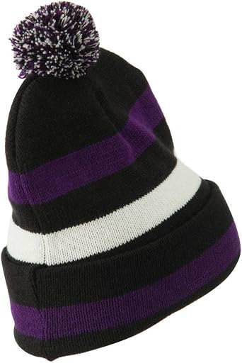 Artex Pom Pom Cuff Stripe Long Beanie - Black