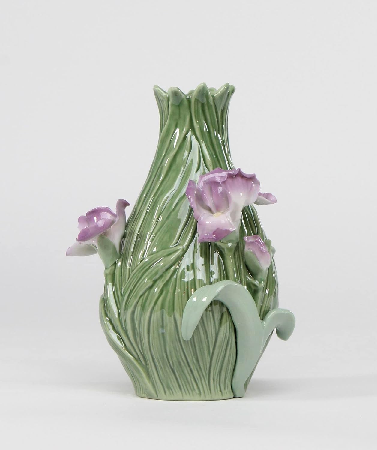 Fine Elegant Porcelain Iris Flowers with Green Leaves Vase, 5-5/8" H
