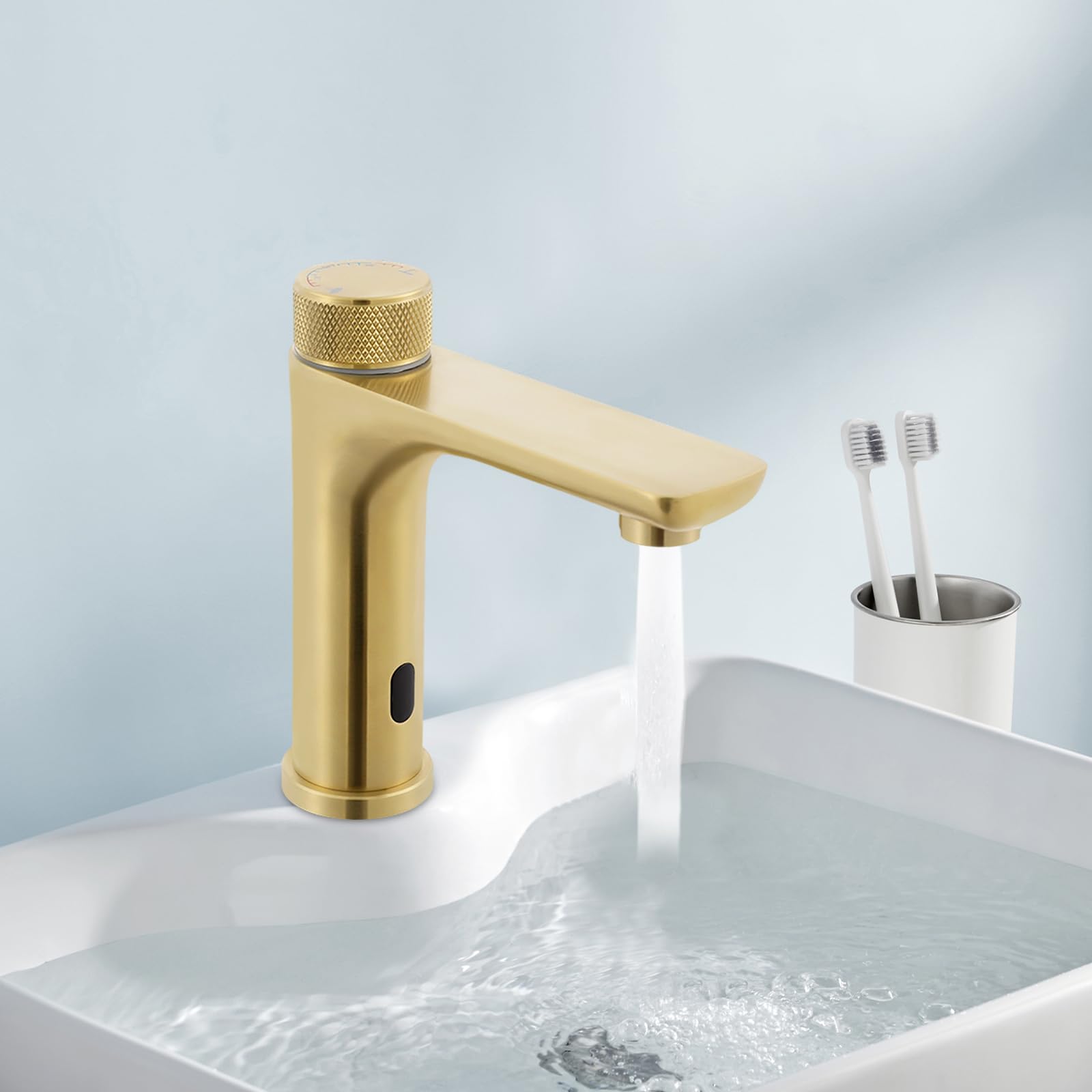 Grifo de baño con sensor, automático sin contacto, grifo de lavabo para lavabo, baño, cocina, lavabo de mano (dorado)