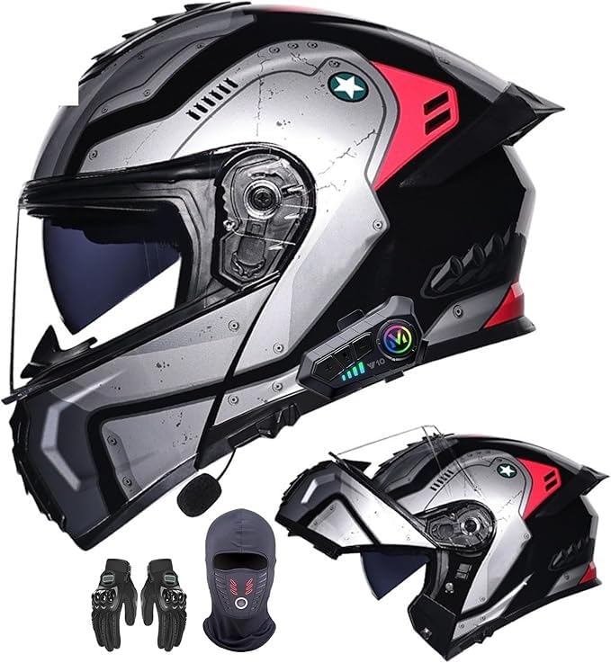 Casco integral modular para motocicleta con Bluetooth, aprobado por DOT/ECE, abatible hacia arriba, antivaho, doble máscara, para adultos A,XL=59-60CM
