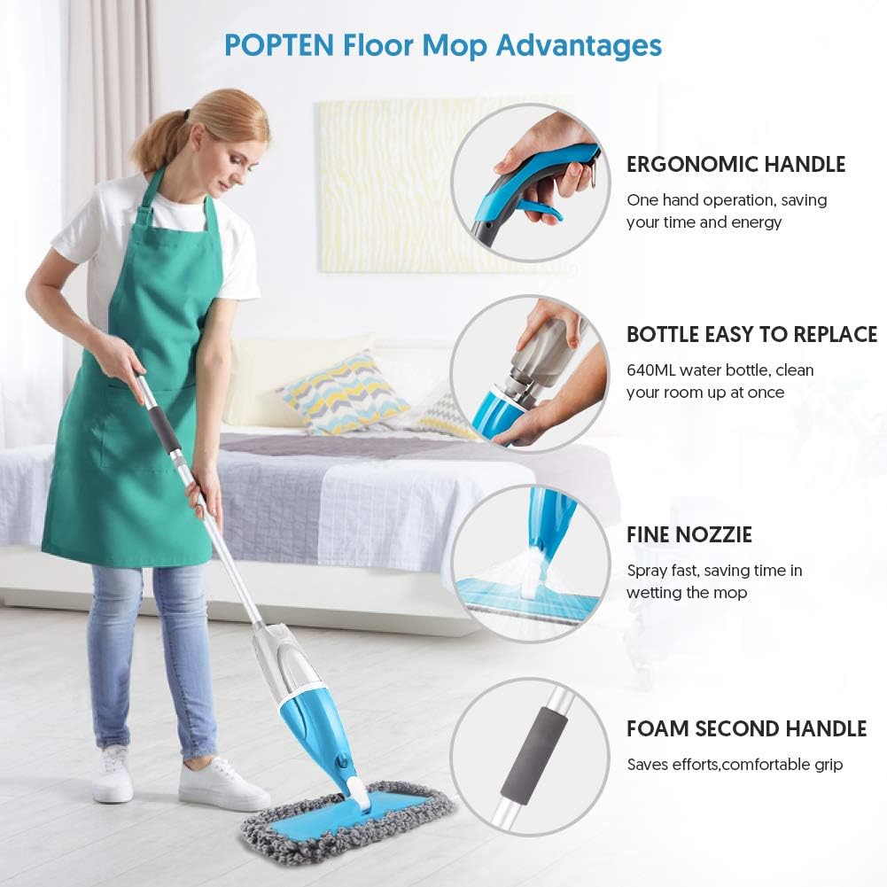 Microfiber Spray Floor Mops for Floors Cleaning, POPTEN 360 Degree Cleaning Kitchen Mop with 640ML Refillable Bottle,3 Washable Mop Pads and 1 Scraper Dust Mop Wet Mop for Laminate,Hardwood,Ceramic: Health & Personal Care