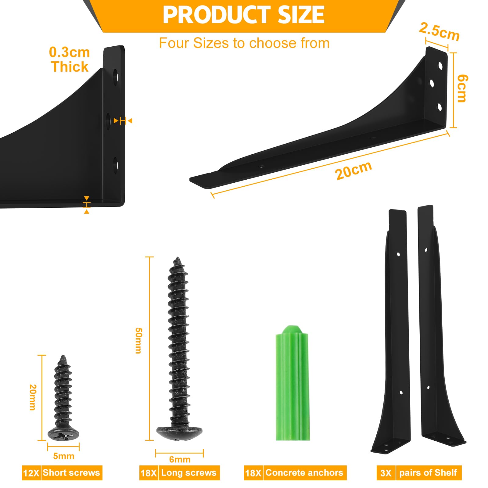 Mordx Heavy Duty Metal Brackets - 6pcs, 90° Wall Mount, Floating Shelf Brackets (Black, 20CM) - Image 4