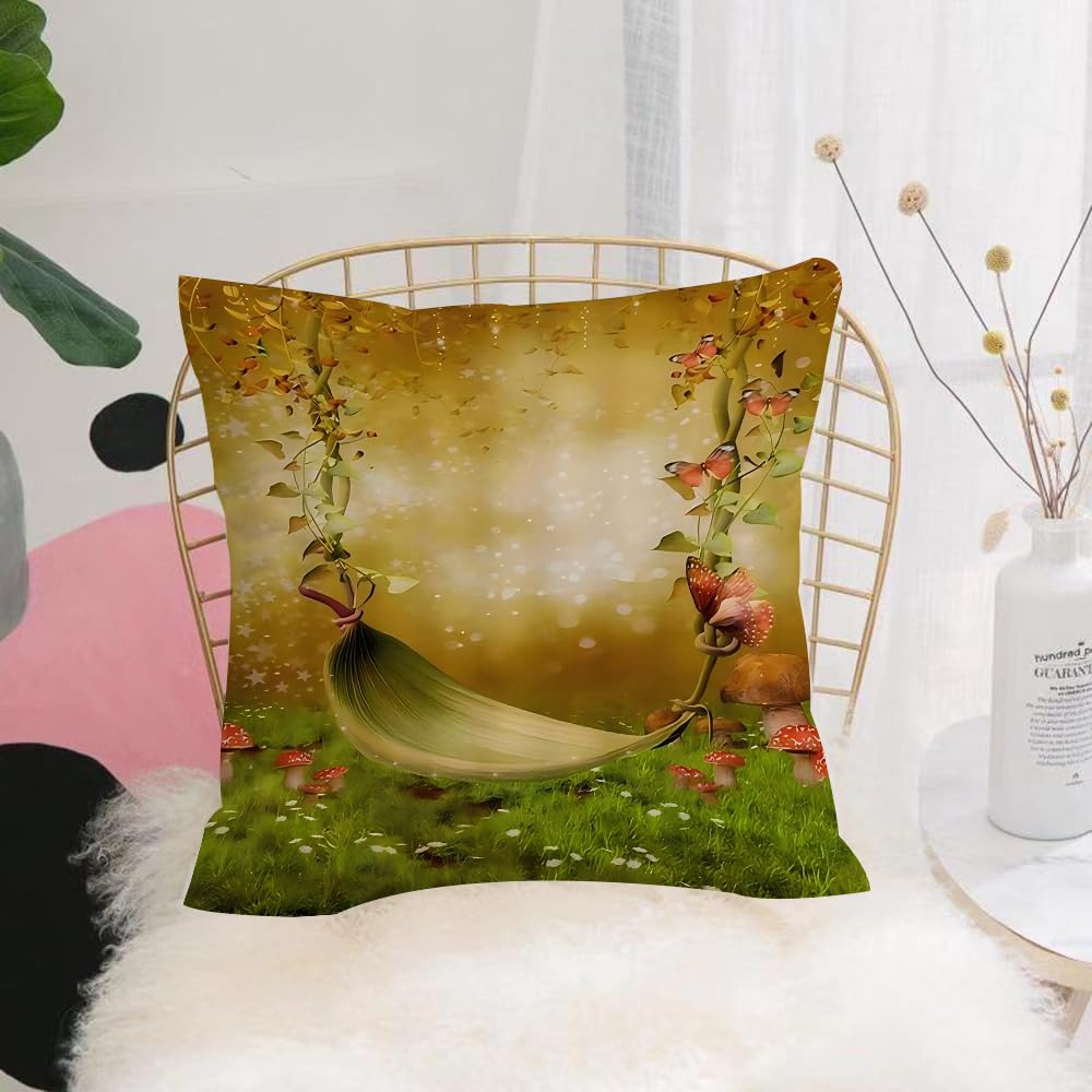 HYMSXW Cushion Cover,Throw Pillow Case Home Decorative for Living Room Bedroom Sofa Chair 20X20 Inch,Grass, green, hammock, flowers, butterfly pattern,Pillowcase 50X50cm