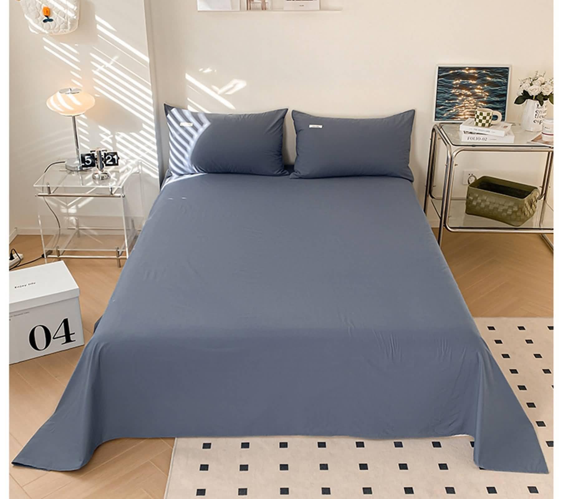 Betttücher ohne Gummi 200x230 cm, Bettlaken Einzelbett Baumwolle Einfarbig Betttuch Sommer Weiches und Atmungsaktives, Dunkelblau