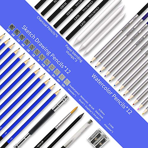 ADAXI 43-Piece Colored Pencil Set and Sketch Pen Set - Professional Watercolor Pencils for Adults/Kids, w/ Black Zipper Case & Two 50-Page Sketchbooks - Durable Art Pencils for Coloring, Sketching, Blending