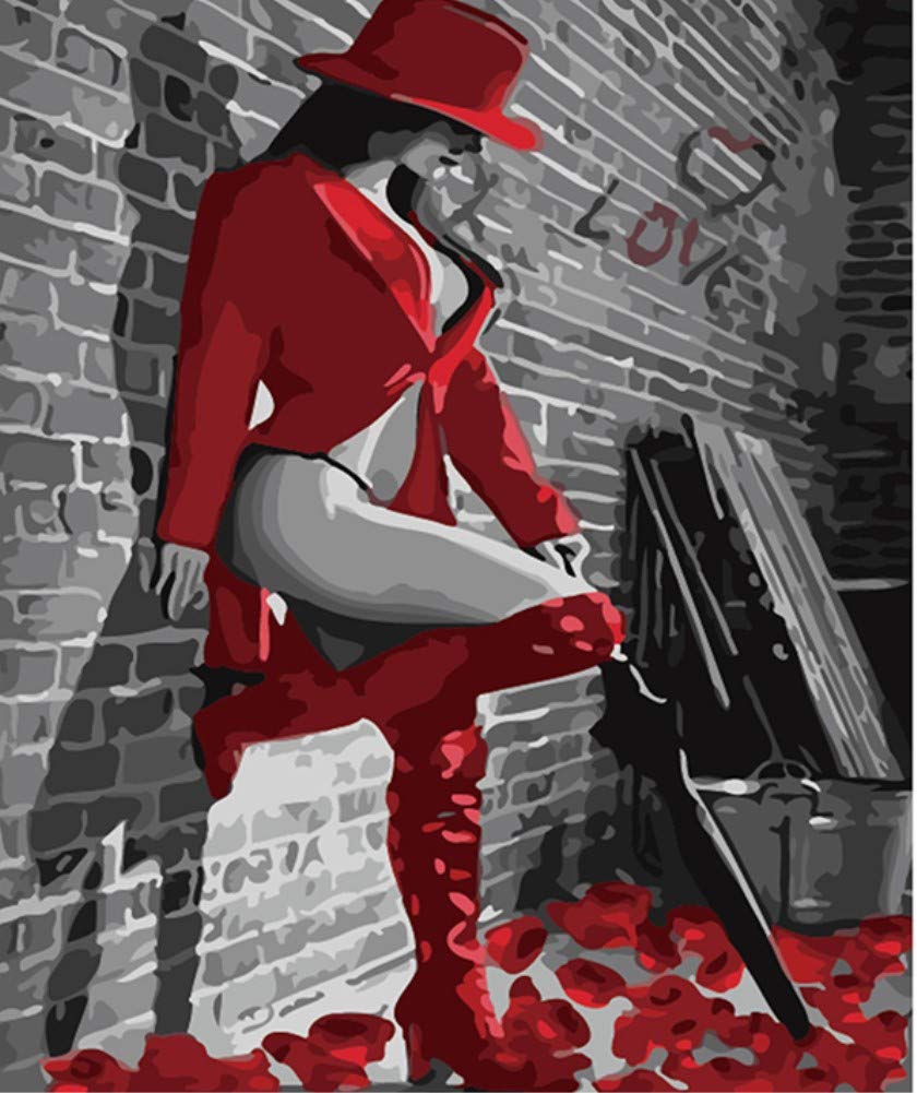 ABEUTY DIY Paint by Numbers for Adults Beginner - Red Woman Umbrella 16x20 inches Number Painting (No Frame)