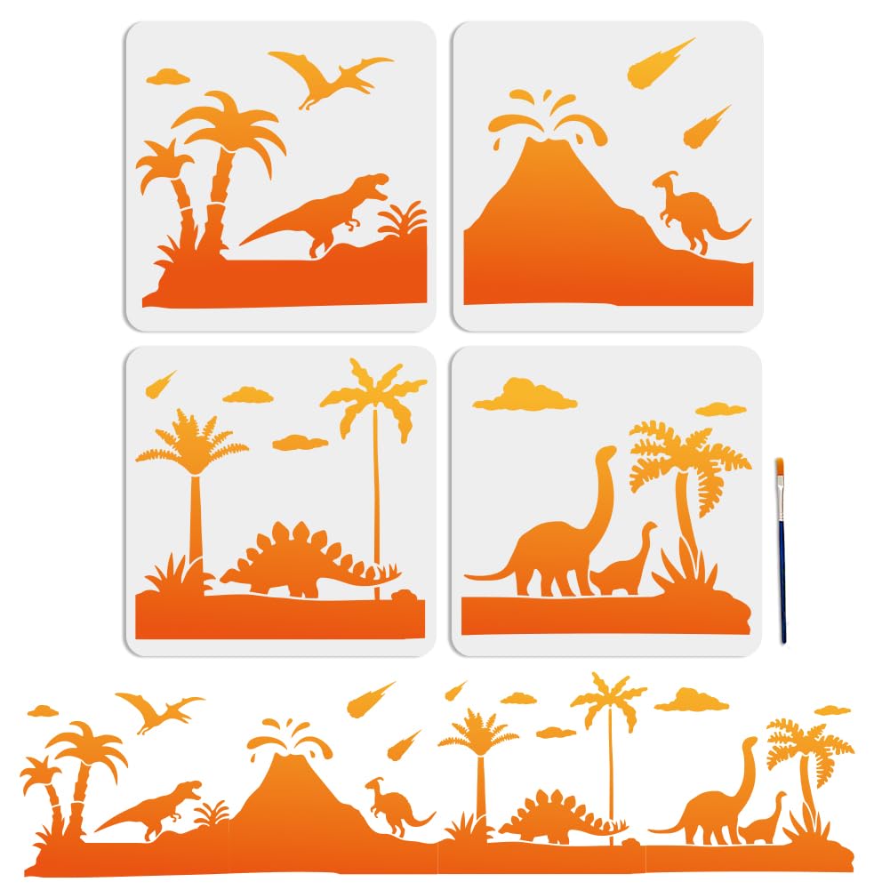 MAYJOYDIY4pcs Dinosaur Jurassic Stencils 44×11inch Splicing Large Tyrannosaurus Rex Stegosaur Templates with Paint Brush Pterosaur Coconut Tree 11.8×11.8inch Drawing Stencils for Crafts Wood Wall