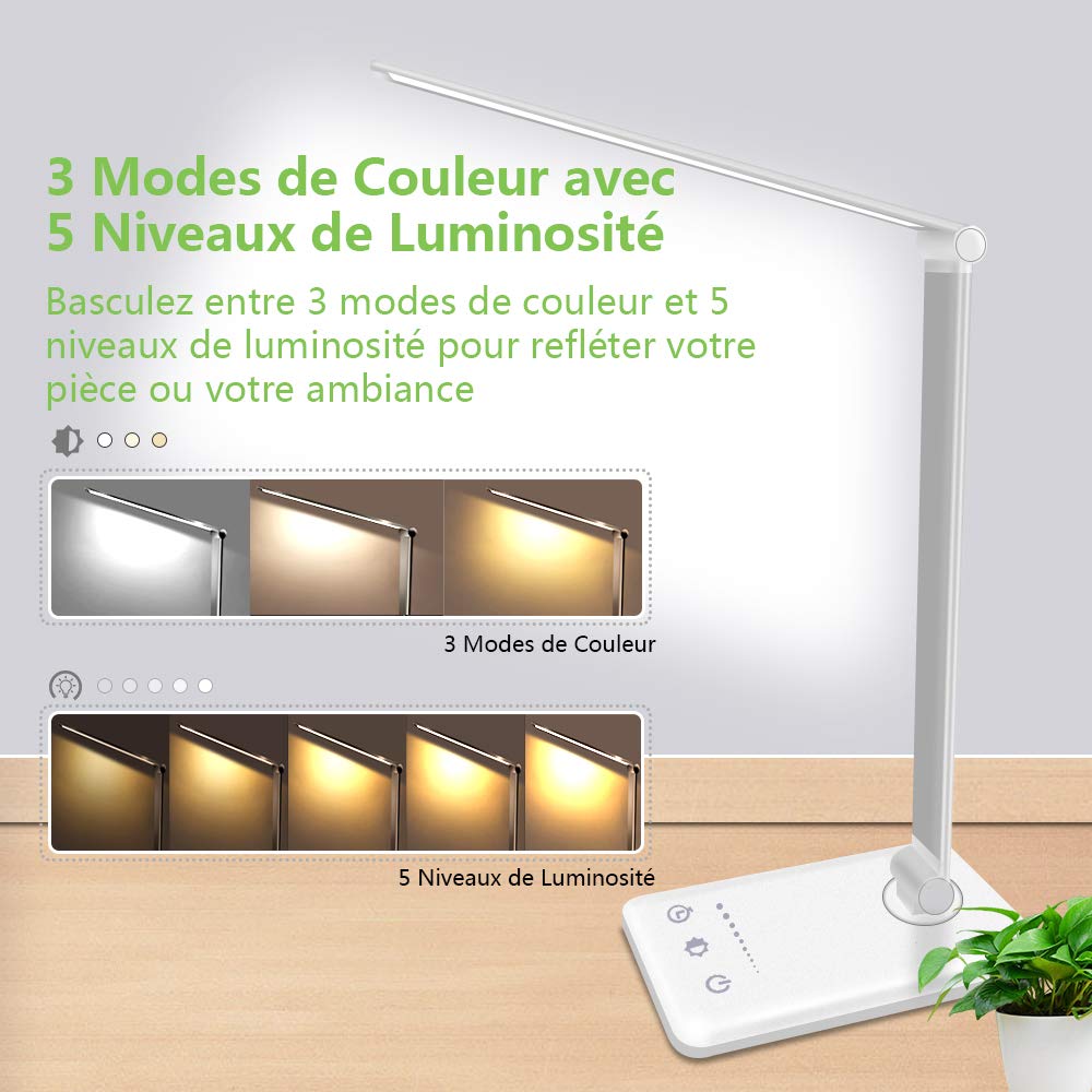 AUELEK Lampada da scrivania LED flessibile USB ricaricabile con timer 52 LED, 2000 mAh 5 modalità di colore 10 livelli di luminosità, design rotazione/controllo touch protezione occhi (nero