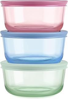 Colors (3-Pack, Medium) Tinted Glass Round Food Storage Container Set, Snug Fit Non-Toxic Plastic BPA-Free Lids, Freezer Dishwasher Microwave Safe, 2 Cup, 4 Cup & 7 Cup, Blue