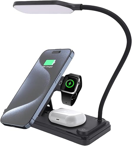 Miniatura 2 de ciciglow Estación de carga inalámbrica 3 en 1, soporte de cargador rápido de 15 W para auriculares de reloj de teléfono con lámpara de lectura de