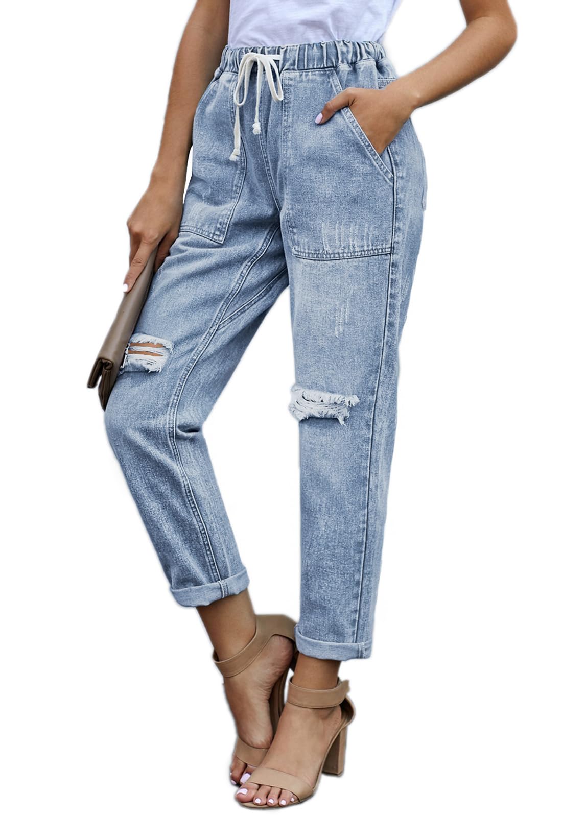Alaster Queen Leggeri Pantaloni Casual Larghi da Donna Jeans Stretch Strappati Blu Cielo M