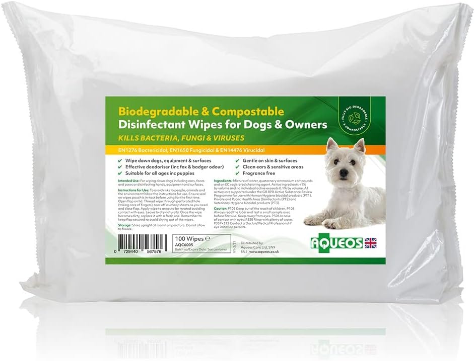 AqueosBio-degradable & Compostable Disinfectant Dog Wipes | Antibacterial, Antiviral, Antifungal | Dogs Coat | Collars & Leads | Ears, Face & Paws | No fragrance | Sensitive Dogs | Pack of 35 Wipes