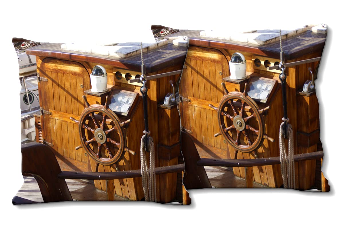 Segel-Schiff 6 - Foto-Kissen-Hülle Set (2 STK.) 40 x 40 cm | Kissen-Bezüge - passend zu Wandbild - Deko-Kissen - Segel-Boot Holz Meer Steuerrad maritim