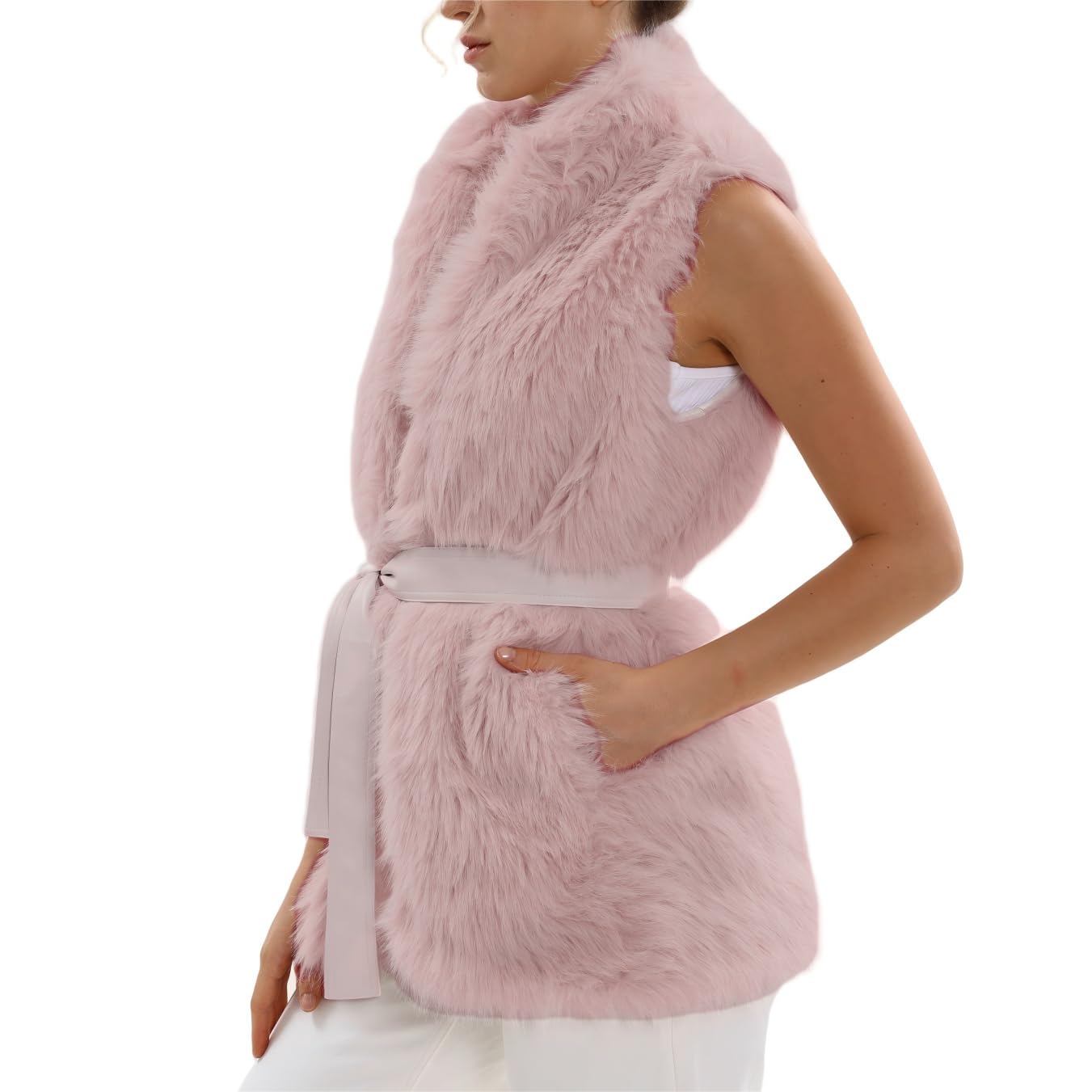 Amazhiyu Gilet di pelliccia da donna, in pelliccia sintetica, lungo gilet da donna, senza maniche, in pelliccia sintetica, gilet invernale, caldo, autunno, inverno, con cinture e tasche