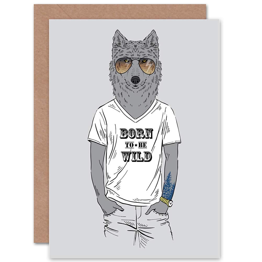 Wee Blue Coo FASHION ANIMAL WOLF DRESSED UP BLANK GREETINGS BIRTHDAY CARD ART