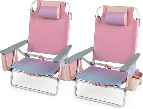 Miniatura 10 de Tangkula Silla de playa tipo mochila con mesa, sillas de playa planas de 5 posiciones con bolsa refrigeradora, 2 soportes para tazas, toallero,