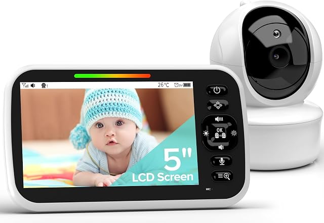 Baby Monitor with Camera and Audio, 5" Screen Video Baby Monitor with Temperature Sensor, Two Way Talk and Remote pan-tilt-Zoom Camera, Night Vision and 960ft Range.