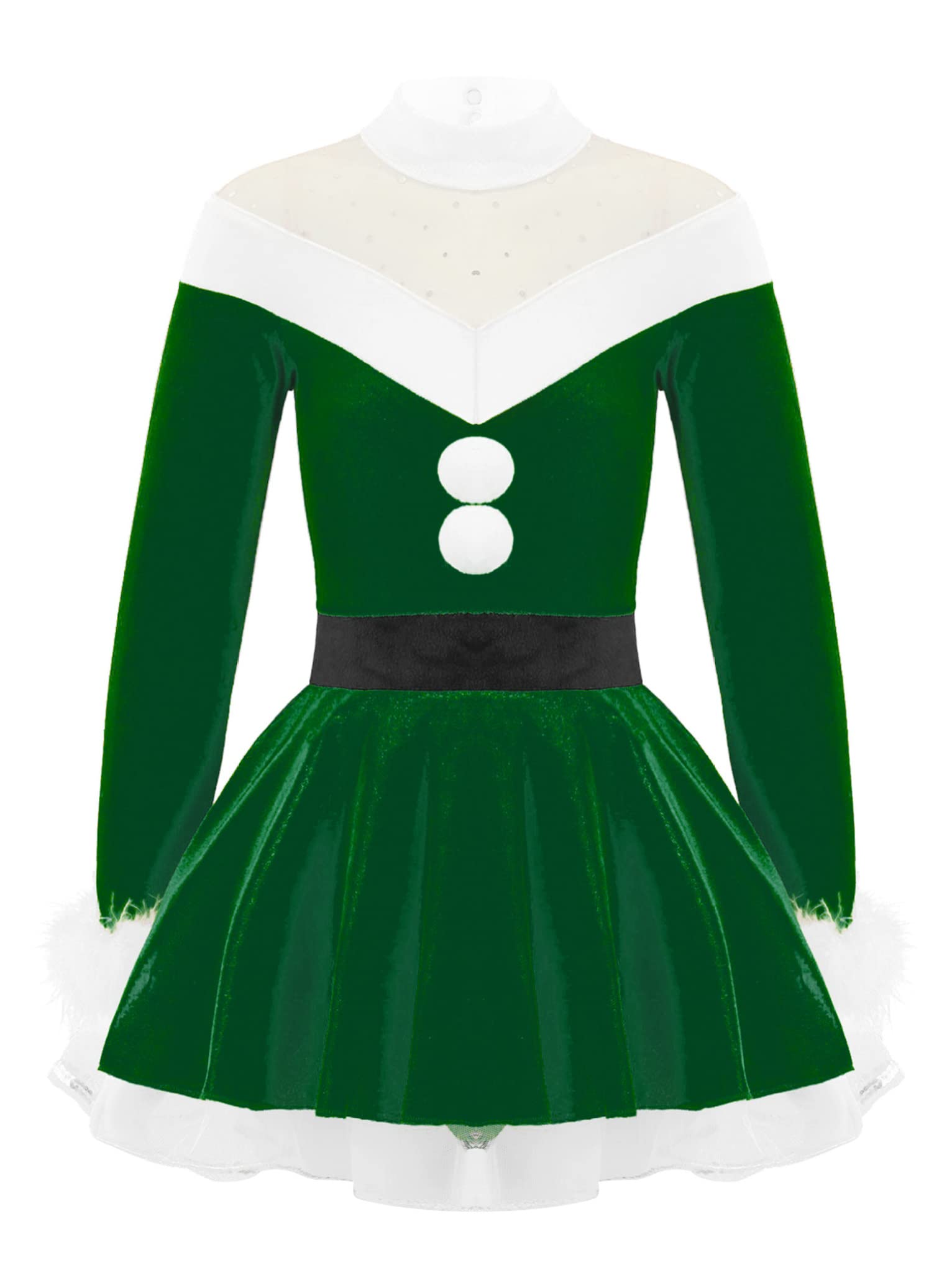 Mufeng Kids Girls Snowman Costumes Christmas Santa Dress Mrs Claus Fancy Dress Up Figure Ice Skating Dance Dress Long Sleeves Green 16