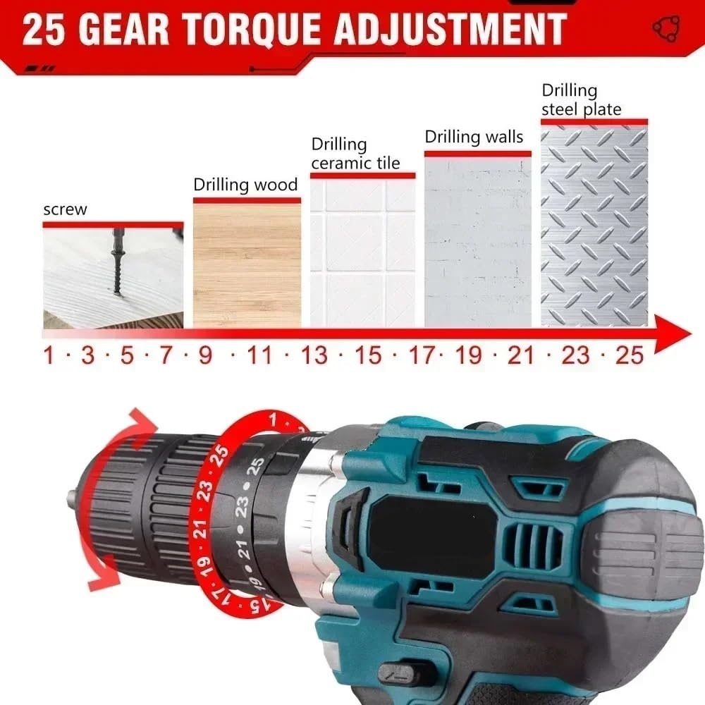 Taladro percutor sin escobillas de 1000W y 450NM, taladro de impacto de 25 + 3 pares, destornillador eléctrico inalámbrico de 3 funciones, herramienta eléctrica apta for batería Makita de 18v(Without