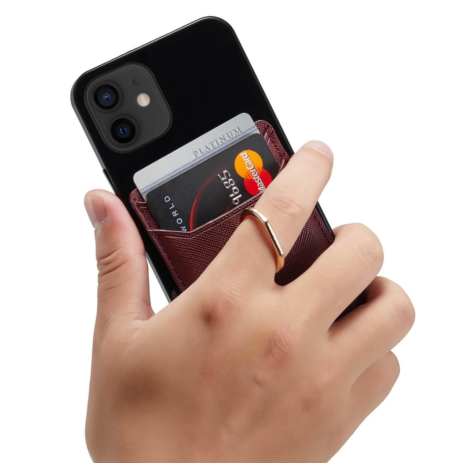 Handy-Kartenhalter mit Ringgriff für die Rückseite des Telefons, selbstklebende Kreditkartenetui für iPhone, Android und Smartphones, Weinrot