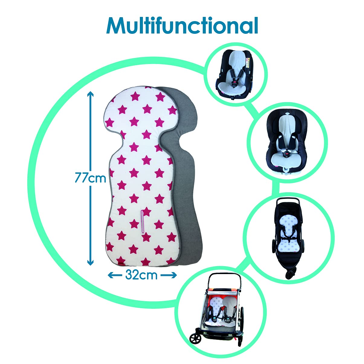 ByBoom Basics imbottitura per il seggiolino del bebè, 77x32 cm, per ovetto, passeggino, buggy, p.es. per Maxi-Cosi, Inglesina, Chicco, Peg Perego, con lato in 100% cotone e lato in spugna, Made in EU