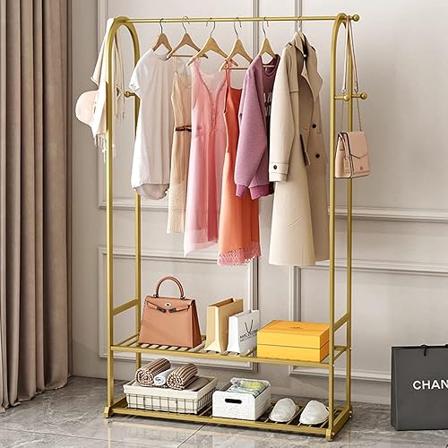 Miniatura 8 de Perchero de ropa dorado moderno estante industrial para colgar ropa con barra superior y estantes inferiores organizador multifuncional de ropa