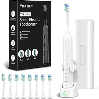 Elektrische Schallzahnbürste für Erwachsene & Kinder, 5 Putzmodi mit 3 Intensitätsstufen, Timer, 8 Ersatzbürstenköpfe & Reiseetui, Wiederaufladbare Sonic Toothbrush Weiß