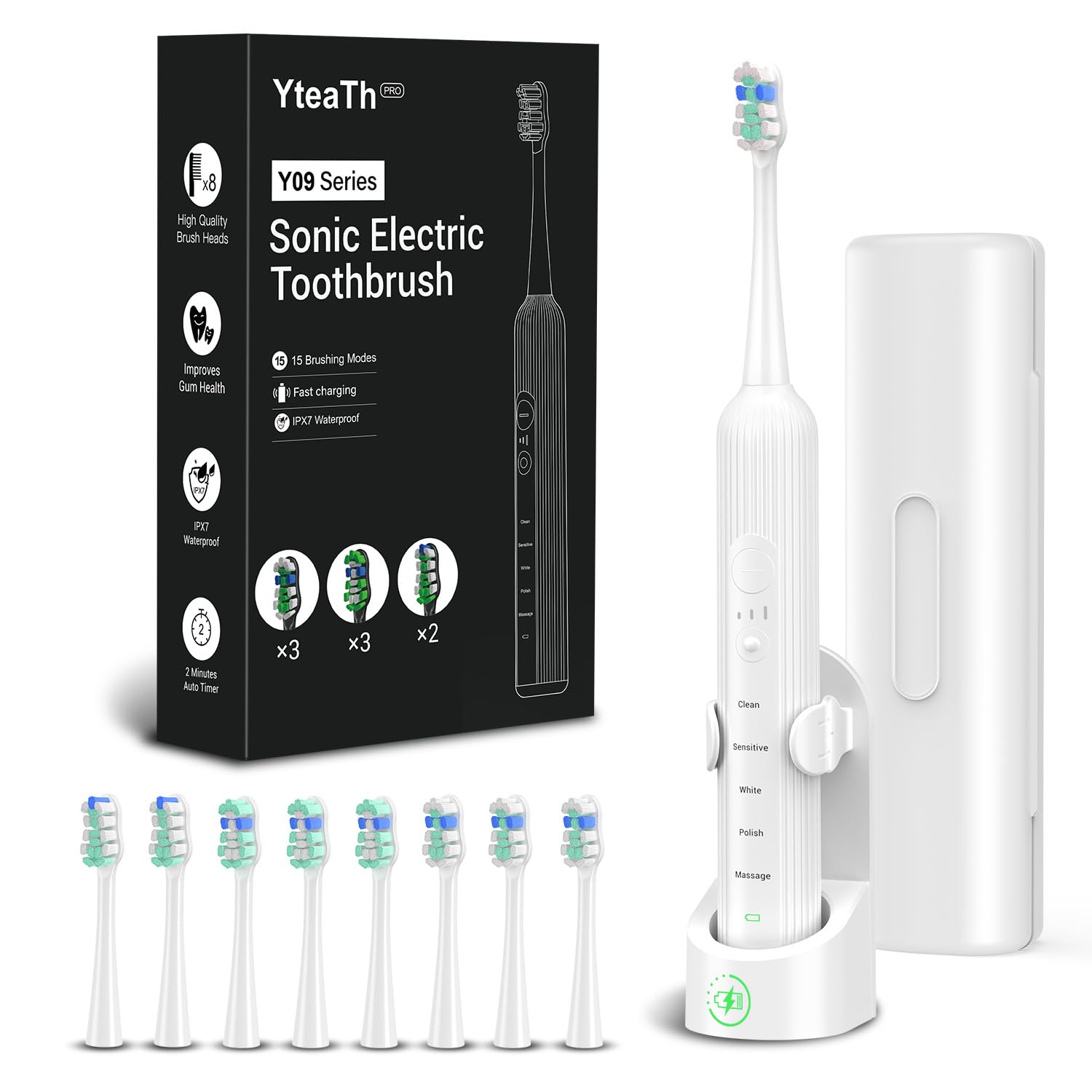 Elektrische Schallzahnbürste für Erwachsene & Kinder, 5 Putzmodi mit 3 Intensitätsstufen, Timer, 8 Ersatzbürstenköpfe & Reiseetui, Wiederaufladbare Sonic Toothbrush Weiß