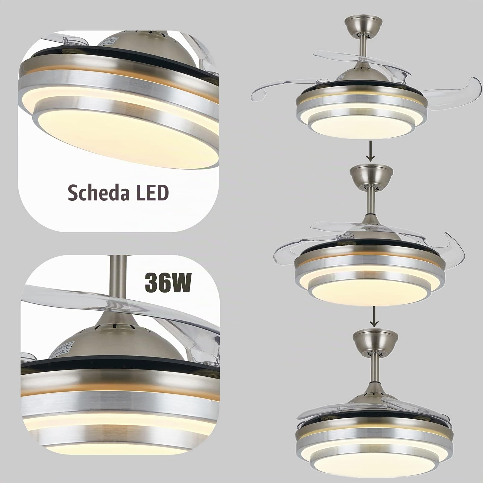 Ventilatore da soffitto da 36" con illuminazione, telecomando Invisible Fan lampadario 4 lamelle per sala da pranzo, ristorante, soggiorno, camera da letto