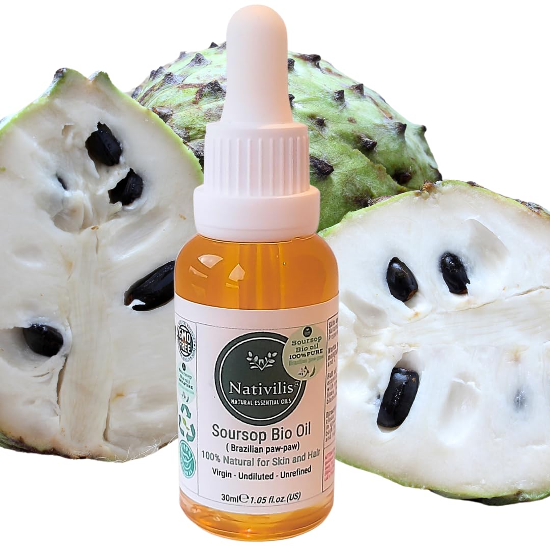 Nativilis Soursop Bio Oil, 30ml, 100% Natural Virgin Unrefined Brazilian Paw-Paw Oil for Skin and Hair, Gold, 30 ml (Pack of 1)