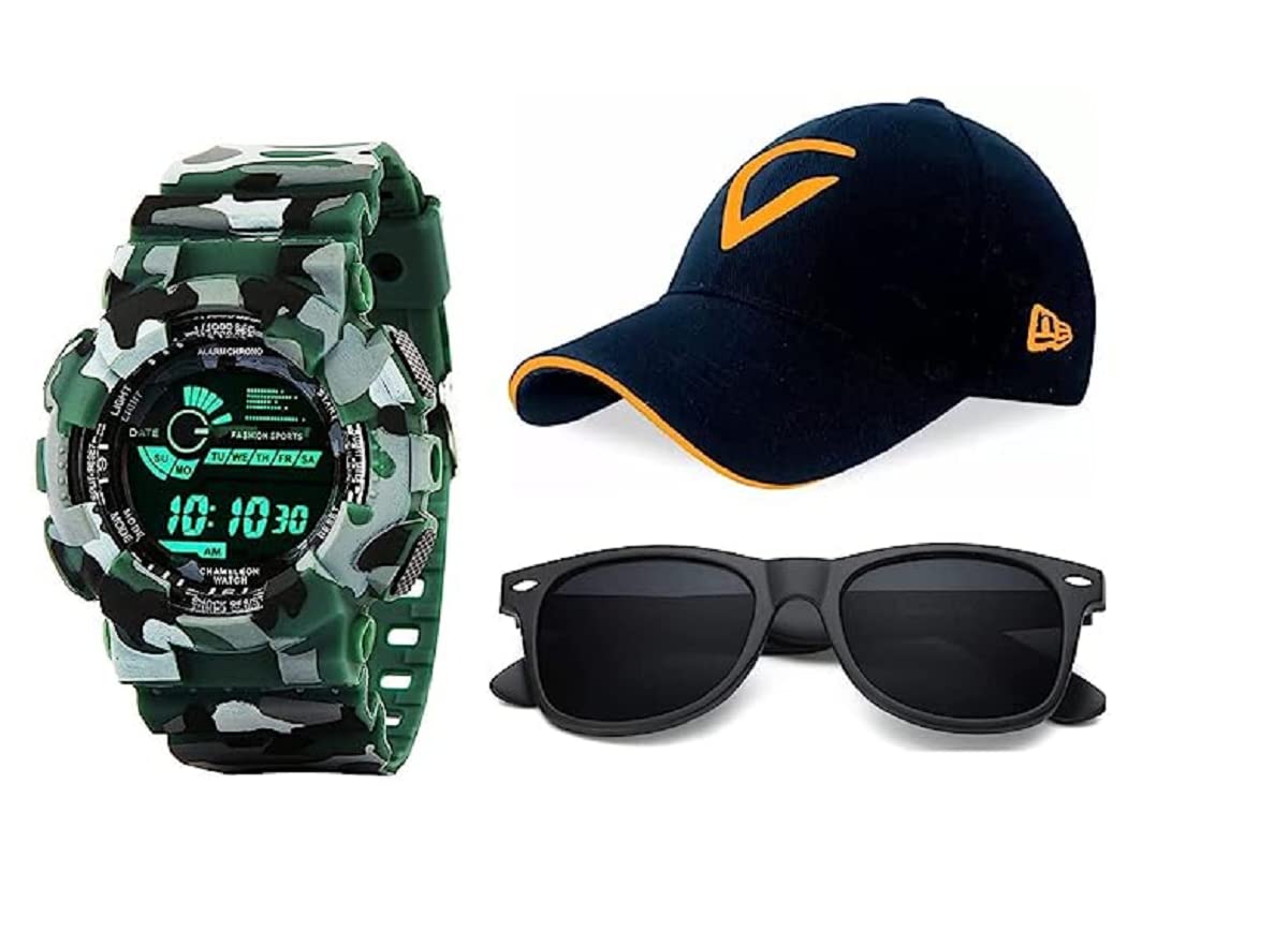 SELLORIA [BRAND - Digital Sports Watch, Multi-Functional Watch for Boys & Men with Cap and Sunglasses, Combo Pack of 3 (GREEN)