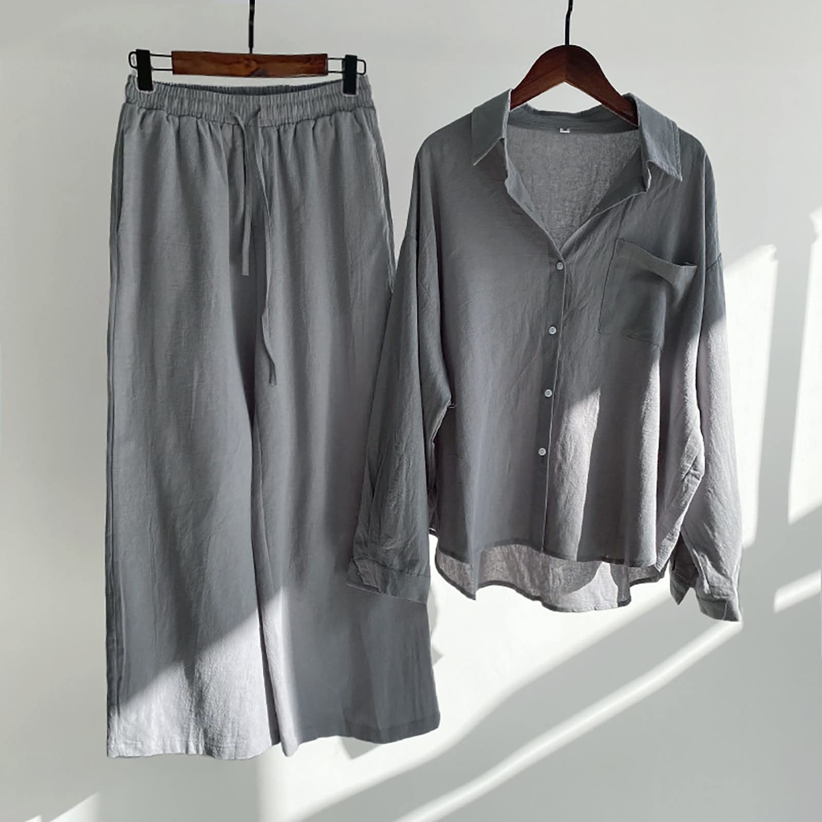 2 Pièces Ensemble Coton et Lin pour Femme Chemise Manches Longues Et Pantalon à Jambes Larges Léger Pas Cher Casual Couleur Unie Grande Taille Basiques Quotidien Ample Tenue de Plage Vacances Set