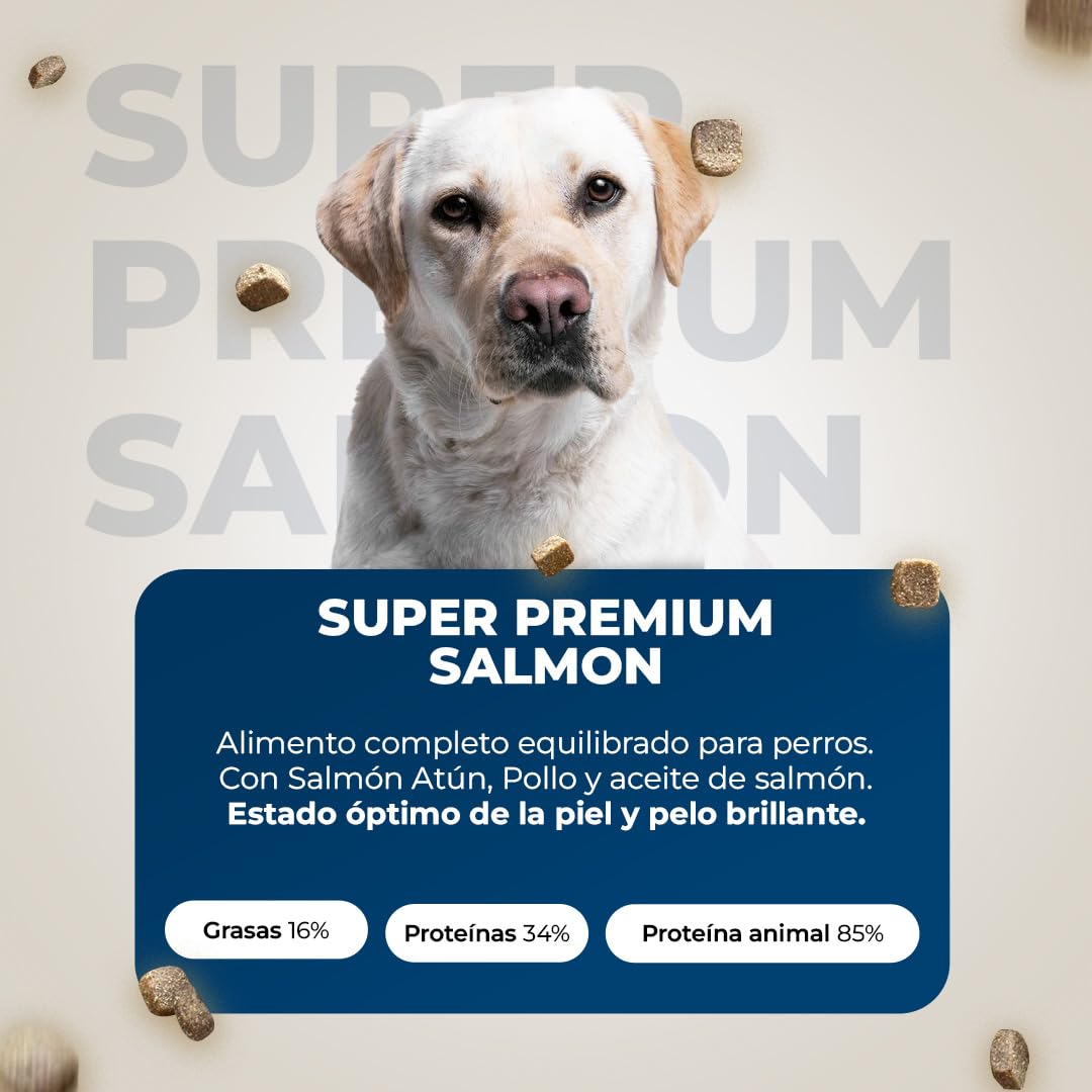Pienso Salmón para Perros Adultos - Comida Natural con Salmón, Libre de transgénicos, Sin Gluten. - Alimento Hipoalergénico y Digestible - Lobo Azul Supreme 15kg